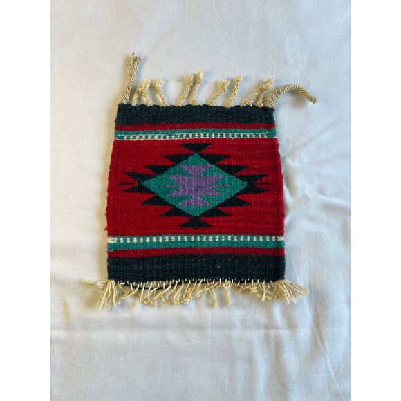 Miniature Native American Design Mat/Rug Blue/Red With Fringe, Doll Decorative - Picture 2 of 6